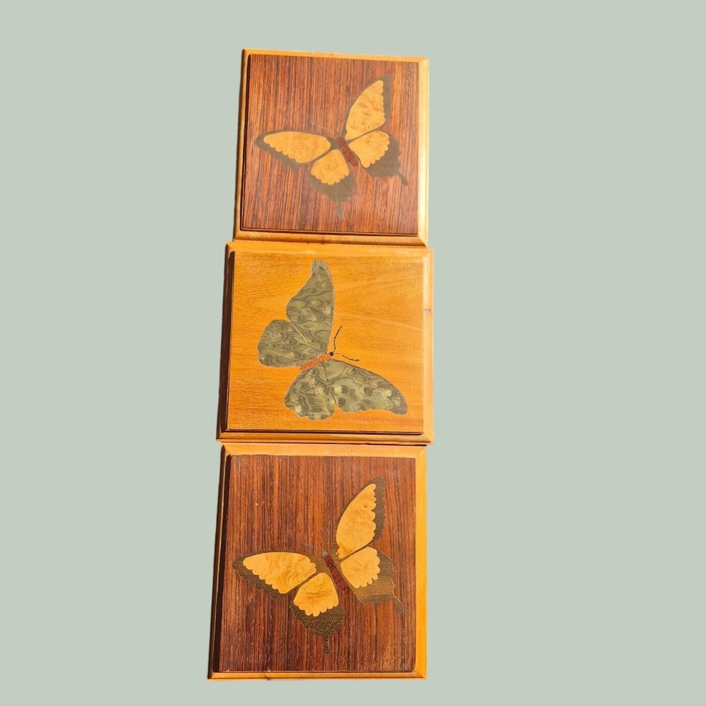 Wall Art Set Jerome D. Boggs 6.5" Brown Wood Butterfly Marquetry Inlay 3pc